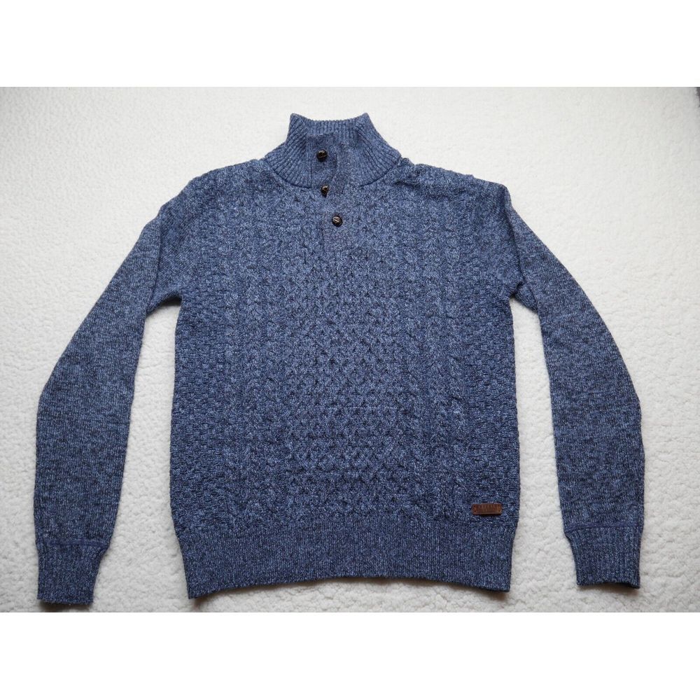 Buffalo David Bitton Men's Sweater‎ Medium Blue Mock Neck Button Cable Knit